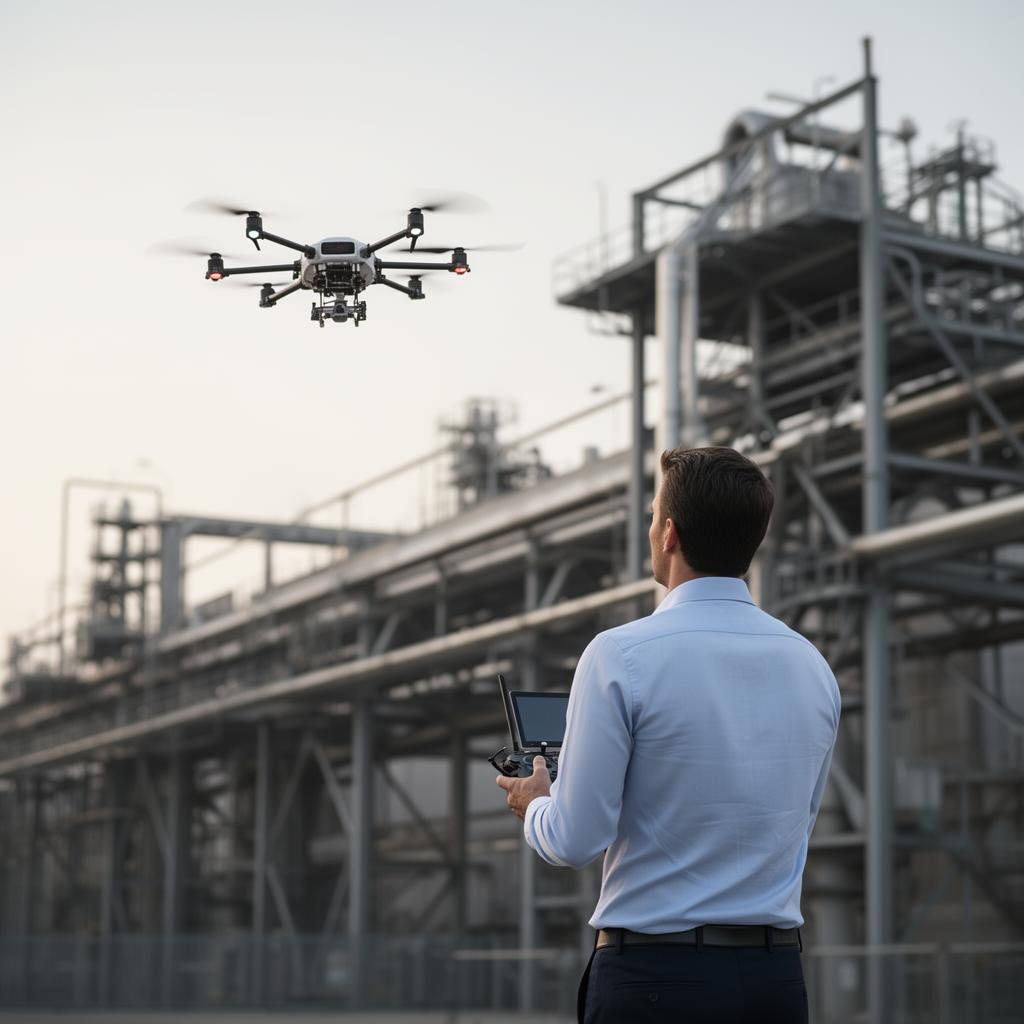 Profissional de mangas compridas realizando inspeção técnica com drone